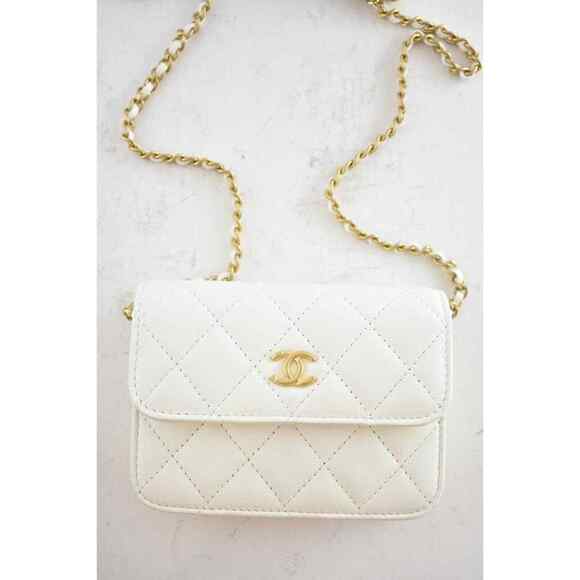 Chanel 22C White Pearl Crush Clutch Mini Chain Classic Gold Card Belt Waist Bag - Picture 4 of 12